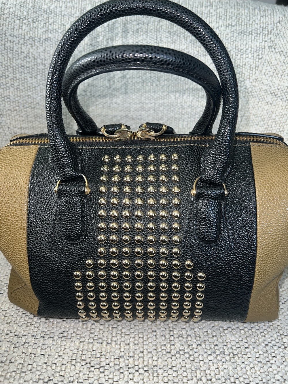 Henri Bendel Carlyle Pebbled Army Green/Black Leather Studded Satchel